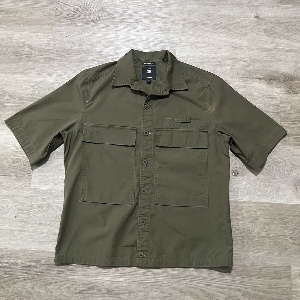 G-Star Raw Cargo Army Green Button Front Shirt Short Sleeve Mens Size Medium
